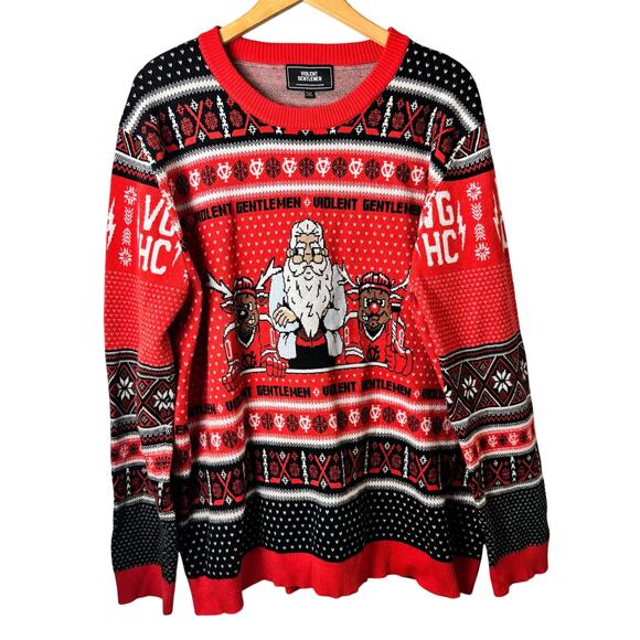 Violent Gentleman Ugly Christmas Sweater Mens 3XL Hockey Santa Elves Crewneck - Picture 1 of 10